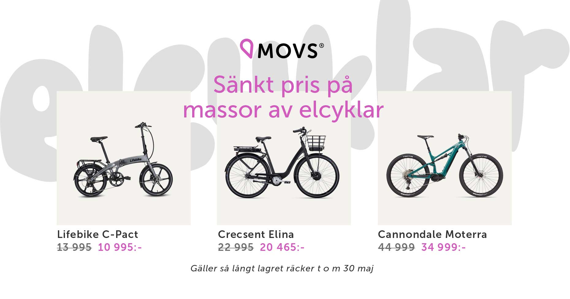 Tre cyklar till nedsatt pris, och texten Spara stort på din nya förmånscykel i vår, elcyklar och cyklar
