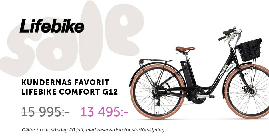 Svart elcykel, med grå text bakom där det står sale, en lifebike-logga, och texten "kundernas favorit, Lifebike comfort G11" 13 495:-